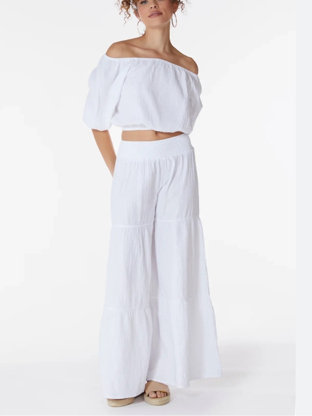 Bobi Wide Leg Smocked Waist White Tiered Gauze Pants